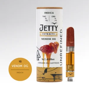 Venom might sound dangerous, but we promise this oil won’t bite. A cross of Poison OG and Dankness #1 from the Jetty Farm, this sweet and mellow indica serves up a relaxing, well-balanced high. JETTY UNREFINED is 100% live resin that’s uncut and never mixed with distillate. Our premium fresh-frozen cannabis is cryoextracted with minimal processing to preserve more terpenes, cannabinoids, and other natural plant compounds for a true flower high. Premium cartridge with Jetty signature wood tip. Works with any 510-thread battery.